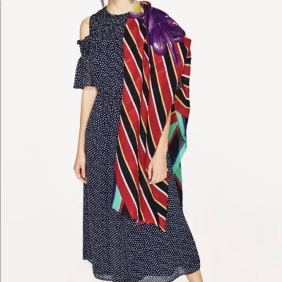 ZARA Sz S JUMPSUIT NAVY/WHITE FLOWING LONG POLKA DOT - Picture 2 of 15